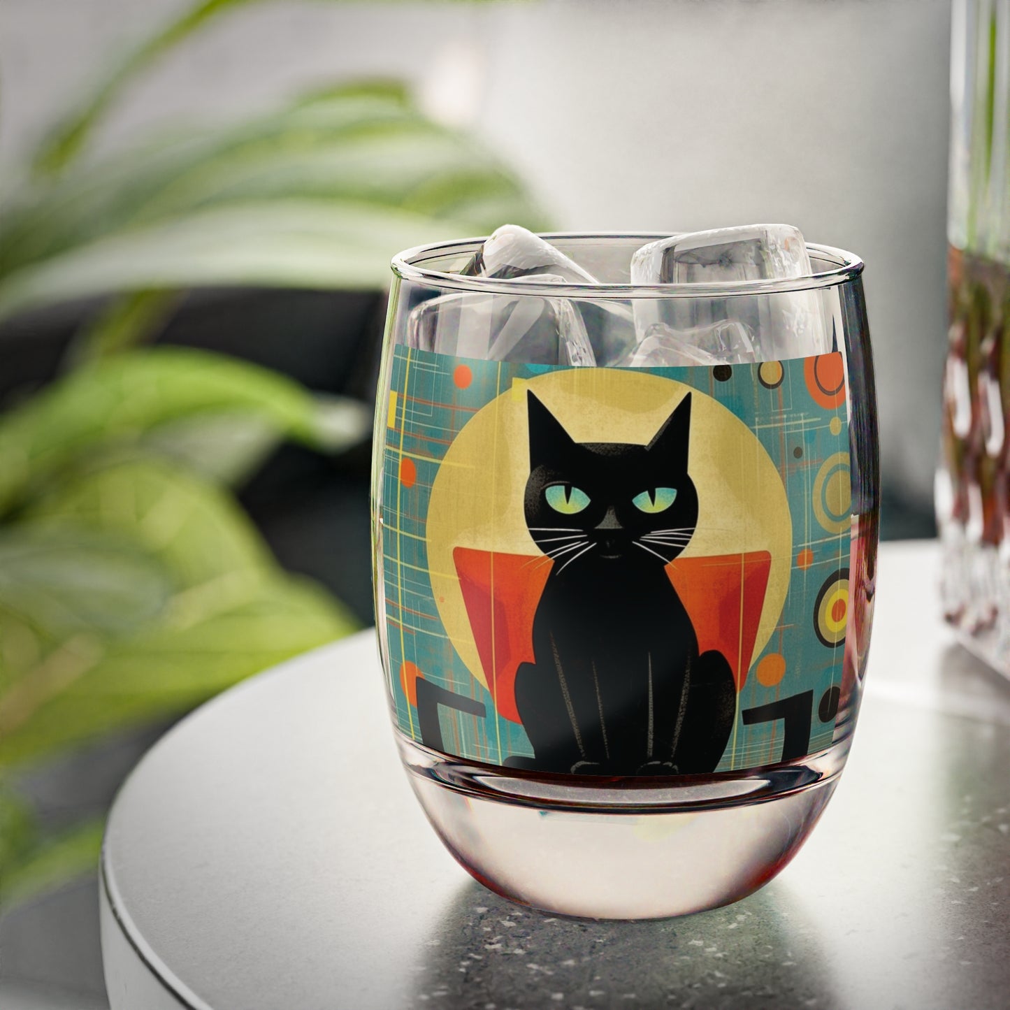 Abstract Cat Expressions: Modern Art-Inspired Midcentury Modern Whiskey Glass with Timeless Atomic Age Design