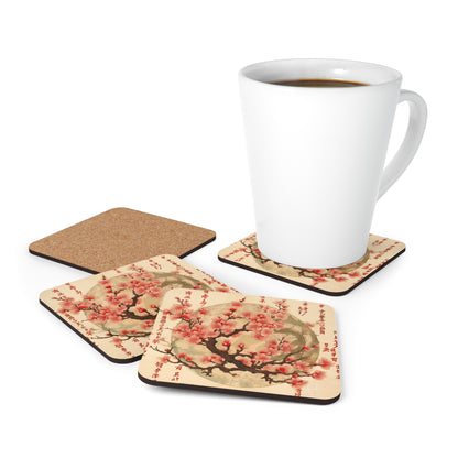 Whimsical Blossom Dreams: Corkwood Coaster Set with Delightful Flower Drawings and Cherry Blossoms