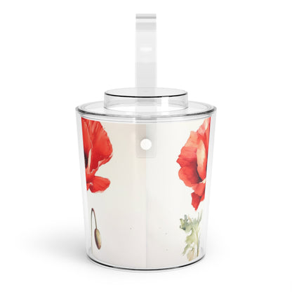 Artistic Watercolor Poppy Ice Bucket with Tongs: Nature's Splendor