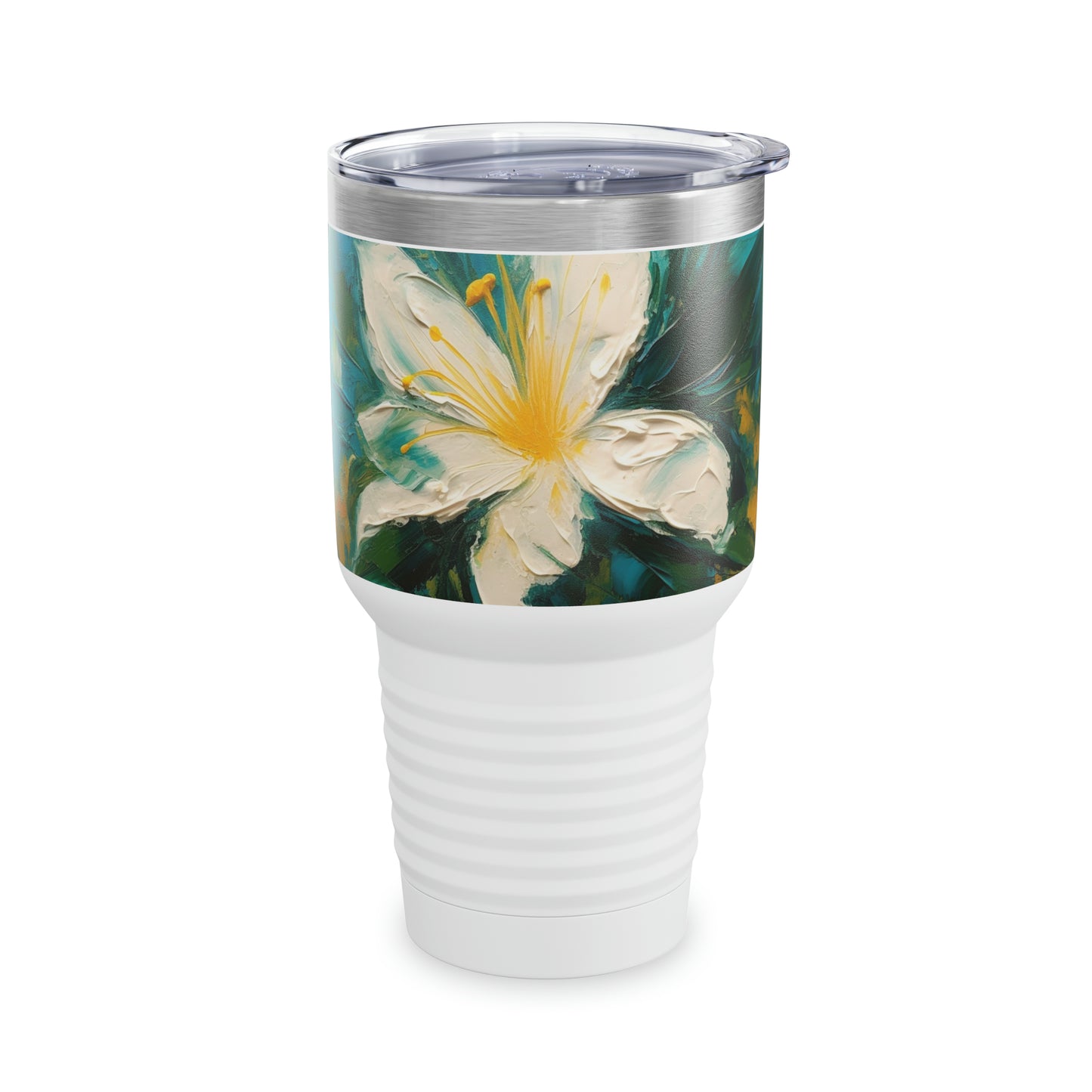 Floral Fusion: Abstract Oil Painting of Jasmine adorning Ringneck Tumbler