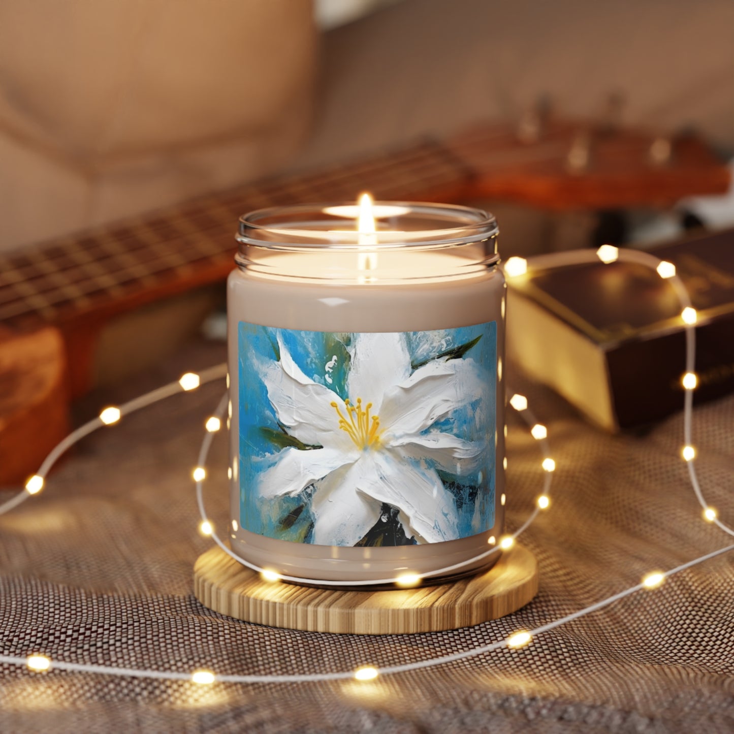 Ethereal Elegance: Scented Soy Candle featuring an Abstract Oil Painting of Jasmine