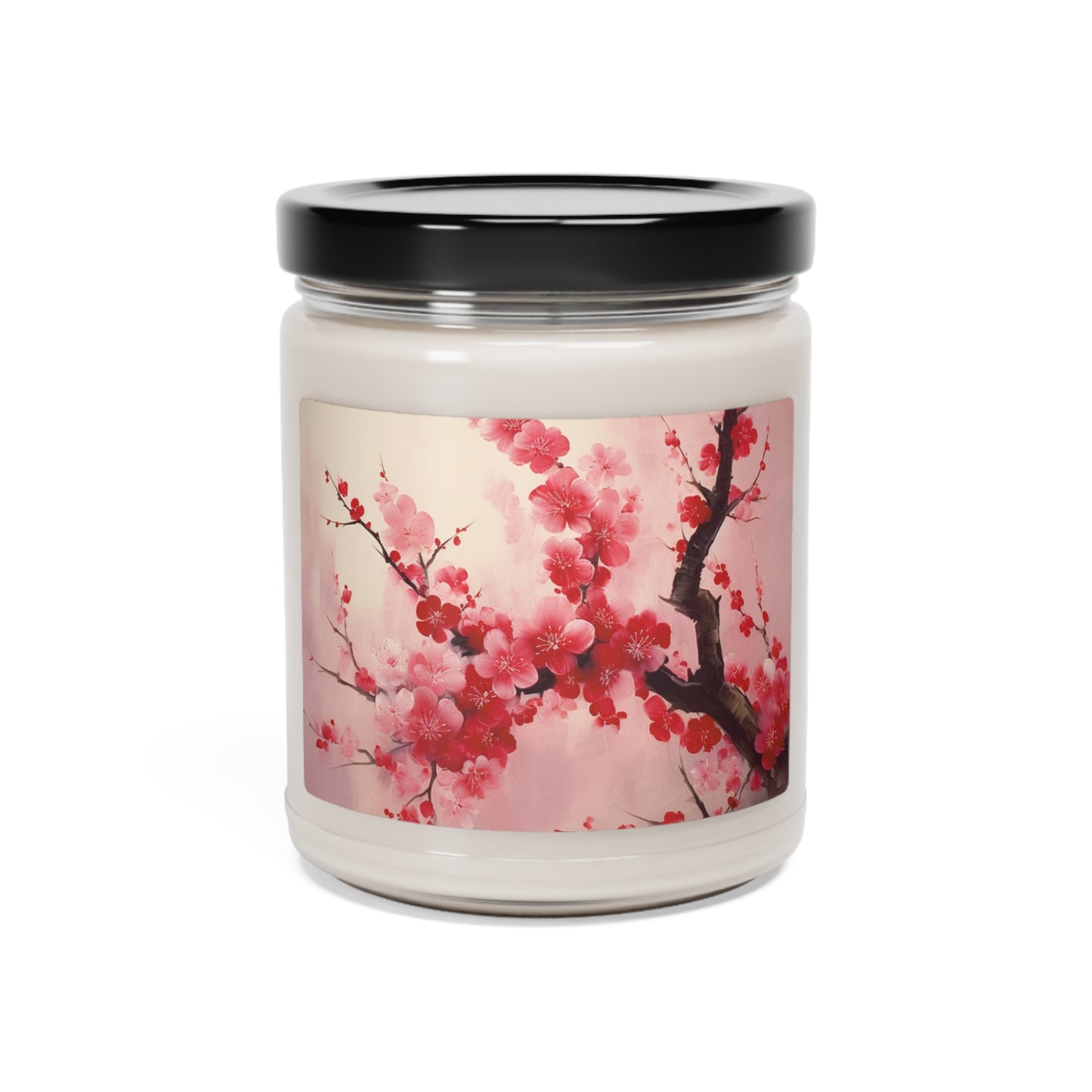 Artistic Floral Elegance: Scented Soy Candle Showcasing Exquisite Cherry Blossom Renderings