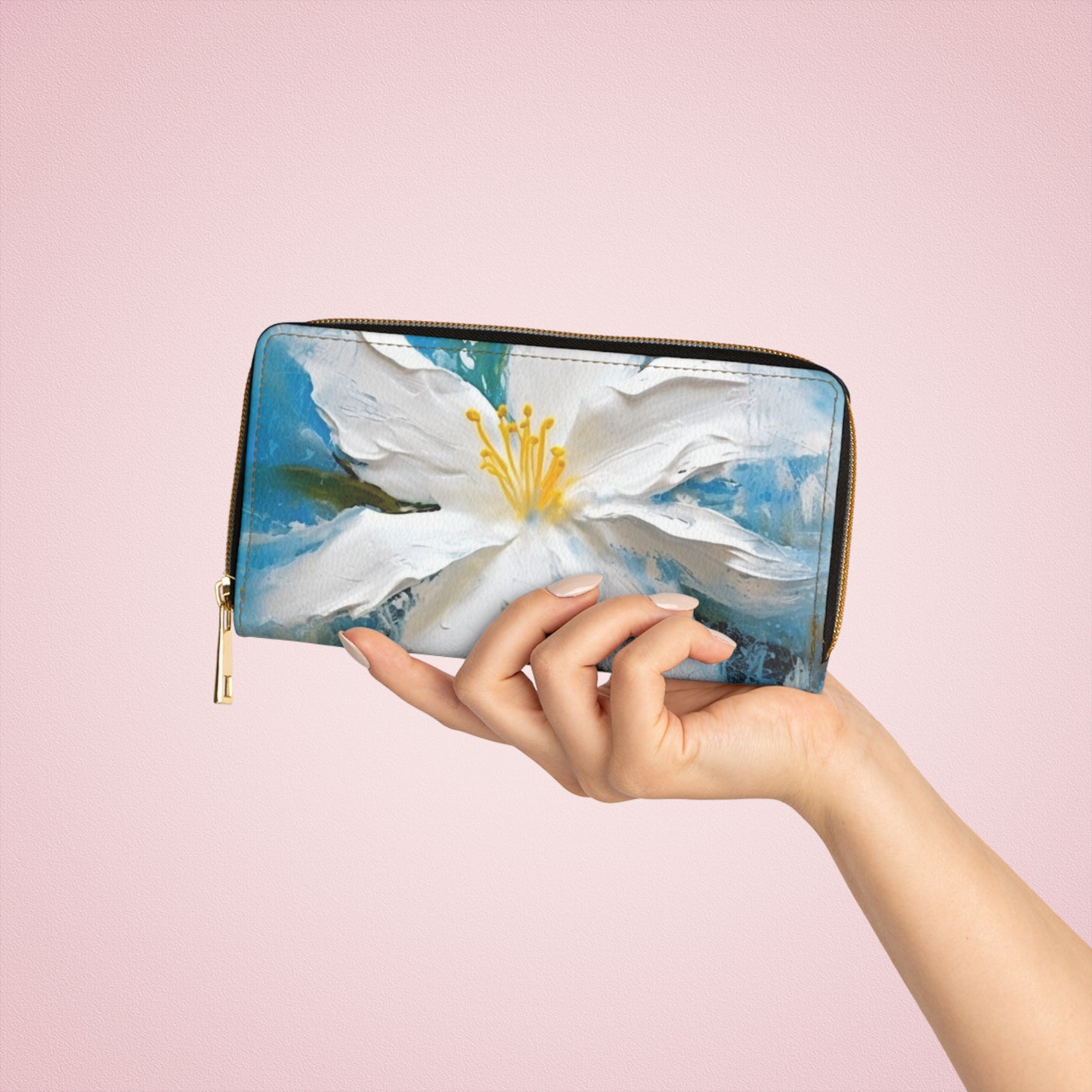 Ethereal Elegance: Zipper Wallet featuring an Abstract Oil Painting of Jasmine