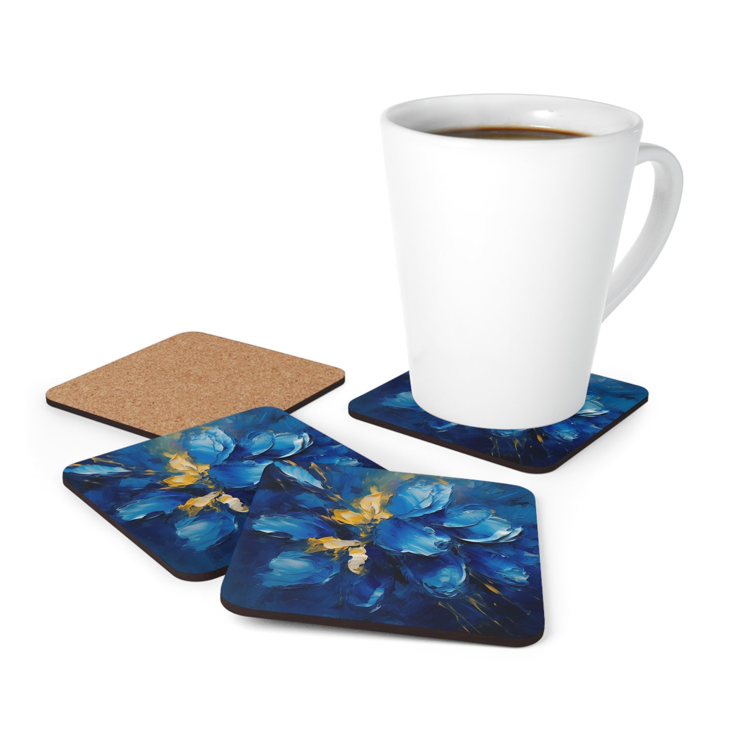 Abstract Wallpaper Corkwood Coaster Set: Immersive Floral Beauty with Blue Orchid Motif