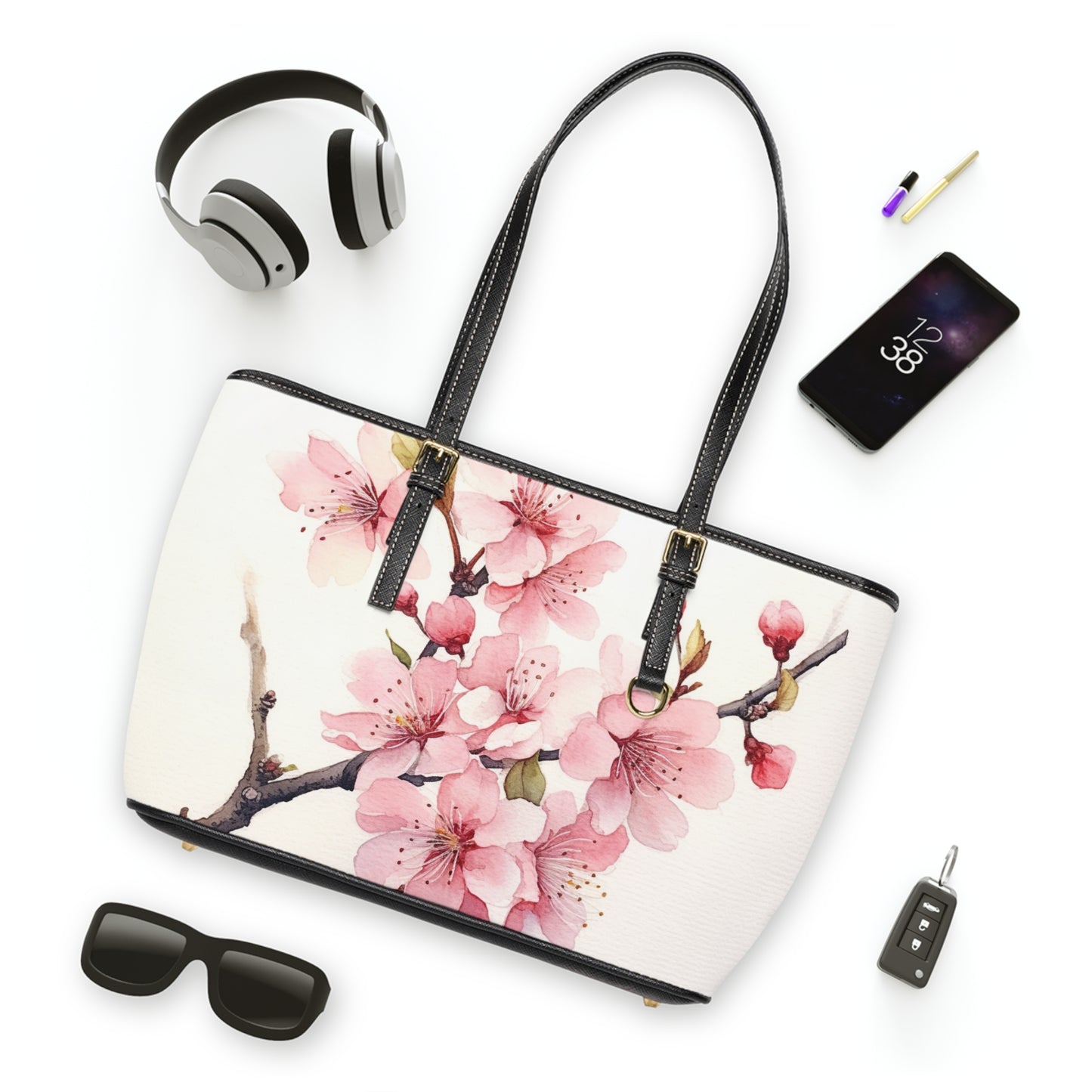 Watercolor Cherry Blossom PU Leather Shoulder Bag