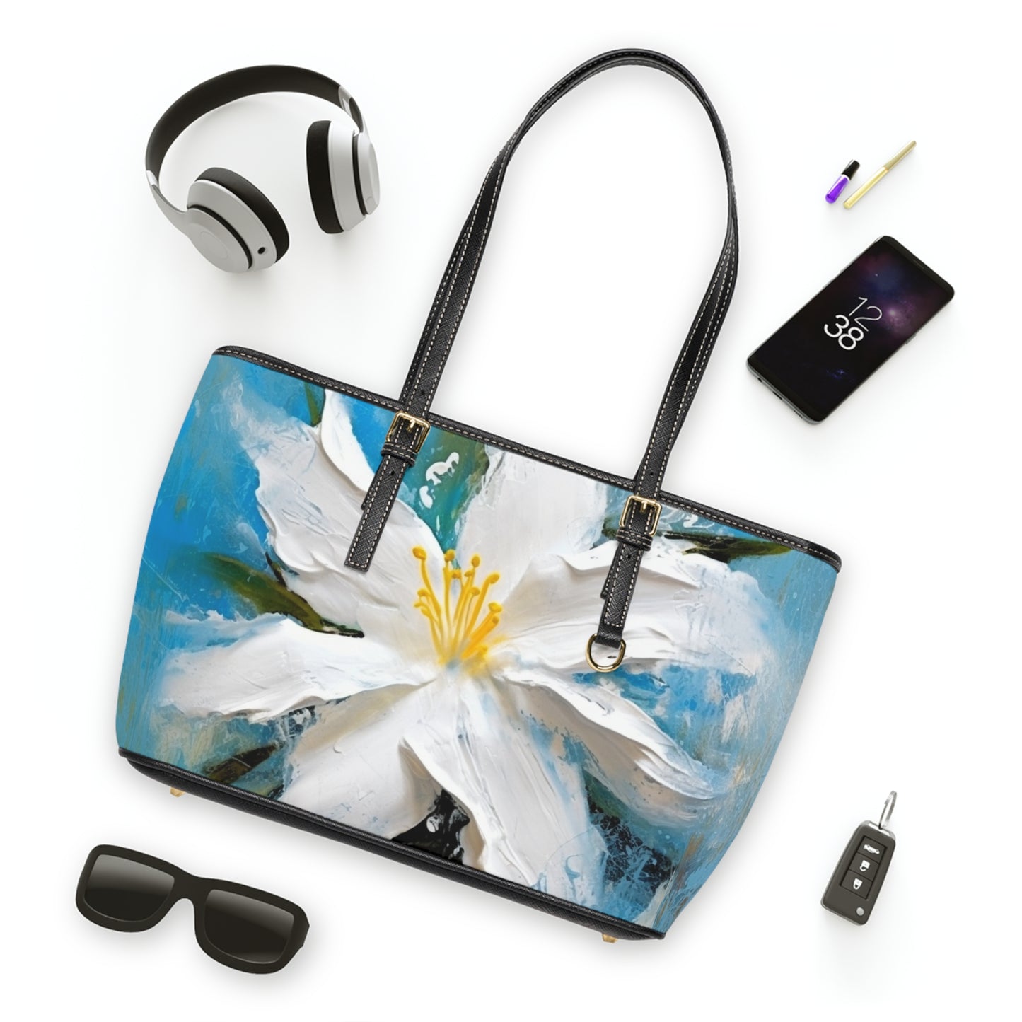 Ethereal Elegance: PU Leather Shoulder Bag featuring an Abstract Oil Painting of Jasmine