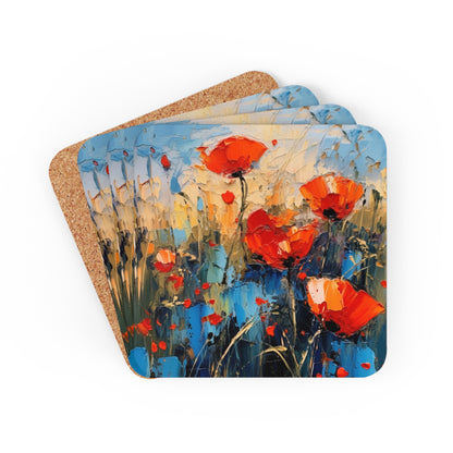 Corkwood Coaster Set Paradise: Abstract Poppy Artwork and Flower Drawings
