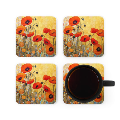 Corkwood Coaster Set Adorned with Gustav Klimt's Poppies