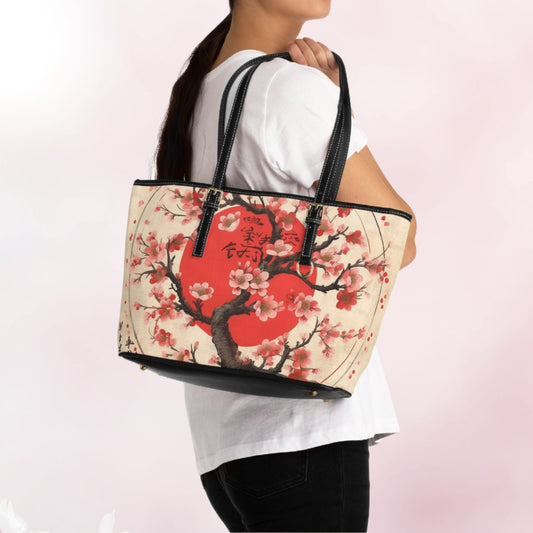 Nature's Brushstrokes: PU Leather Shoulder Bag Featuring Captivating Cherry Blossom Drawings